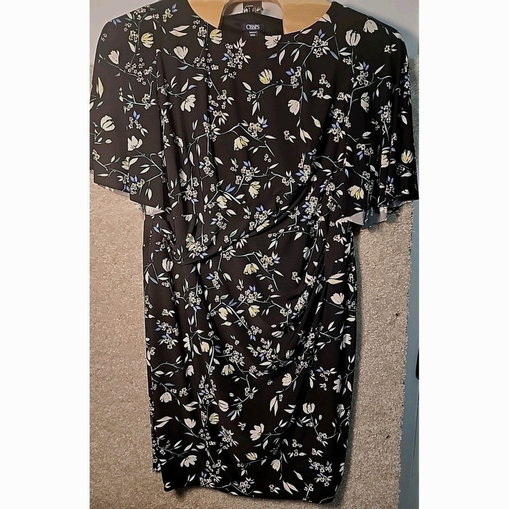 Chaps Floral Dress 20W Faux Wrap Ruched Jersey Knit Sheath Black Plus Size